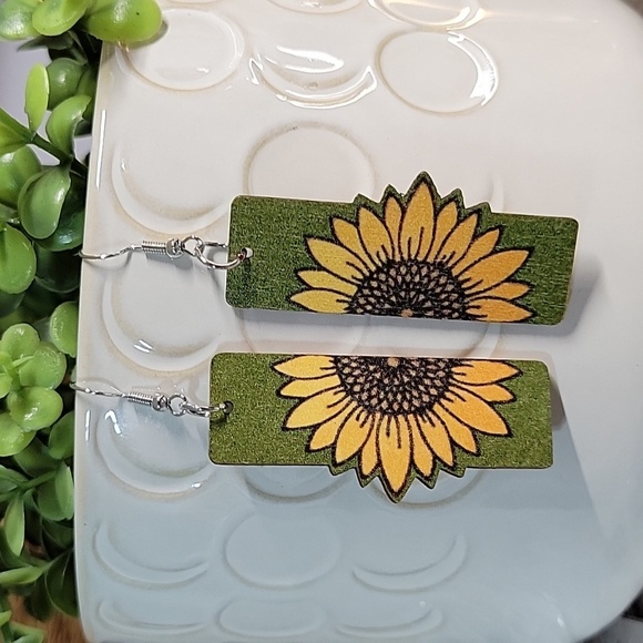Sunflower Split Image Wood Drop Earrings - Picture 5 of 7